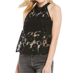 Free People Black Sweat Meadow Dreams High Neck Lace Top